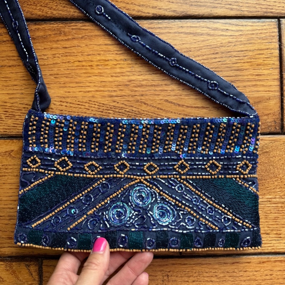 Express Shoulder Bag Women Sm Blue Beaded Sequin Embroidered Vintage Boho Y2K